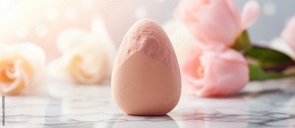 Poster A beauty blender a sponge used for applying foundation and concealer is displayed on a white marble background in a beauty concept image with available space for text and copy space