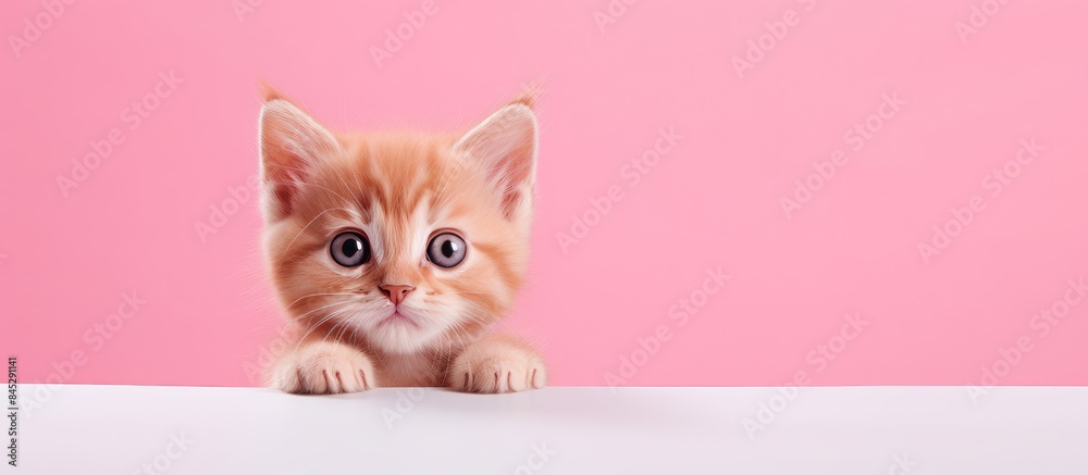 Poster a playful and funny red kitten on a pink background offering a blank area for advertising purposes s