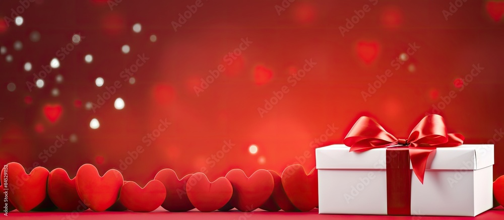 Wall mural a red background with copy space image featuring red paper hearts a white gift box with a ribbon and