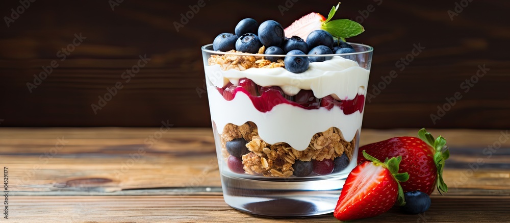 Poster a summery layered dessert with yogurt oat multi grain granola and fresh strawberries and blueberries