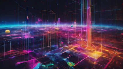 Data analytics and artificial intelligence with graphs and charts, space theme with neon multicolour, abstract illustration