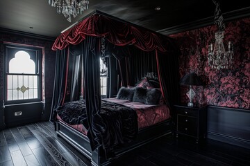/imagine A gothic-inspired bedroom with black walls, a dark red canopy bed with black velvet drapes, dark red and black damask , black hardwood floors, and a black crystal chandelier.