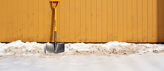 A square crop image of a yellow snow shovel placed against a snowed in ground and a wooden wall of a brown building providing ample copy space