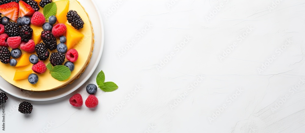 Poster A top down view of a cheesecake adorned with fresh berries and mango placed on a light gray plate against a white backdrop offering space for your text. Creative banner. Copyspace image