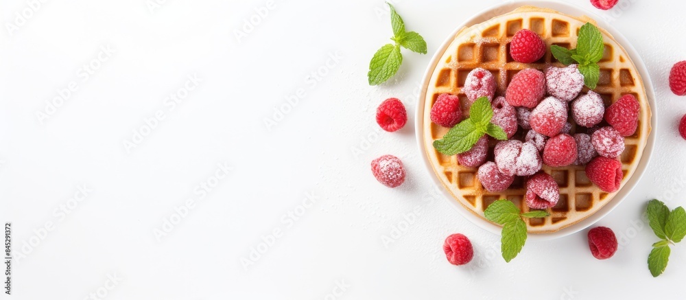 Aufkleber Top view of a delicious Belgian waffle adorned with fresh raspberries powdered sugar and mint on a white table Ample space for adding text in the image