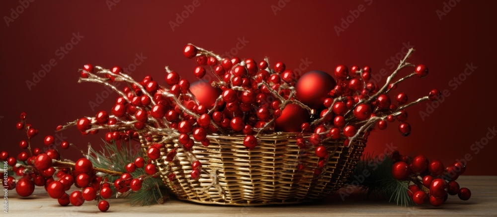 Leinwandbilder Copy space image featuring a festive red and gold toy arrangement in an inverted wicker basket complemented by pine branches red beads all set on a light background to enhance your Christmas tree dec