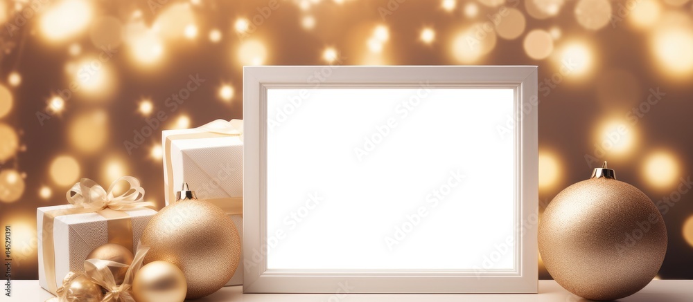 Aufkleber high quality photo of a portrait white picture frame mockup adorned with christmas gifts and illumin