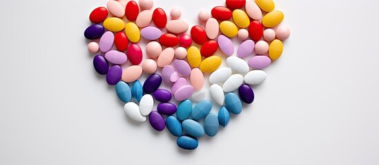 A pile of vibrant heart shaped pills tablets and capsules is displayed on a white background This visually represents a drug prescription for health care treatment providing a top down view with ampl
