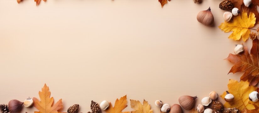 Fall themed flat lay composition with a border of dried oak leaves and acorns on an autumn background Ideal for Thanksgiving day or seasonal concepts with ample copy space for additional design eleme
