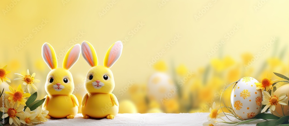 Poster a cute and creative easter background with a yellow color scheme showcasing adorable easter egg deco