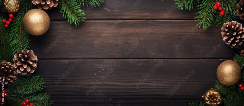 Aufkleber a festive christmas composition with a circular arrangement of fir branches cones and a merry christ