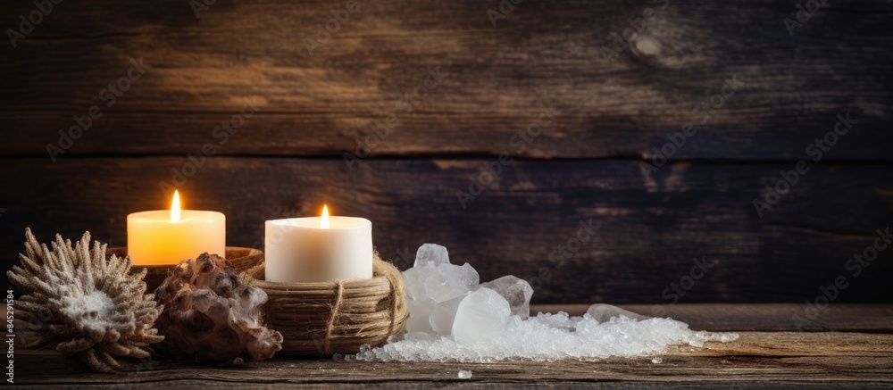 Poster A serene and enchanting image with sea salt candles and a rustic wooden backdrop perfect for advertising or design projects Ideal copy space image