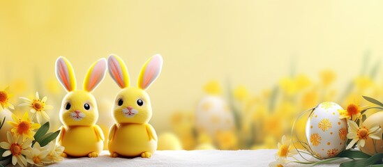 A cute and creative Easter background with a yellow color scheme showcasing adorable Easter egg decoration ideas featuring funny bunny characters Spring compositions with a delightful touch Copy spac