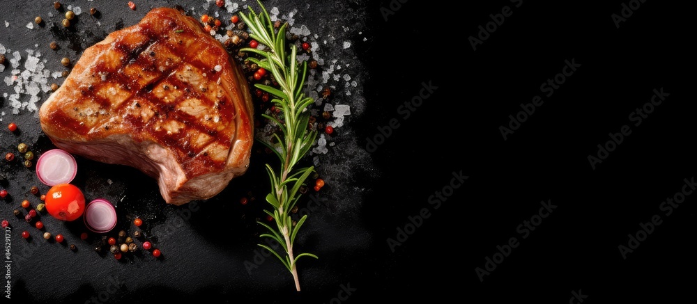 Poster a delectable pork steak seasoned to perfection sizzling on a sleek black stone plate captured from a