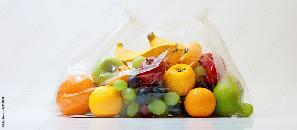 Poster A plastic free fruit concept displayed in a bag with a white background leaving ample copy space for additional information or design elements