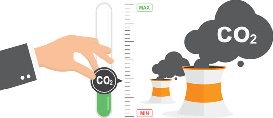 Businessman hand uses slider on control panel and reduces carbon emissions. Zero emission. Ecological problems are piling up. Poor performance energy industry. Volunteer holds warning sign. vector

