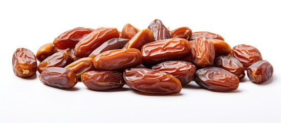 Obraz premium A copy space image showcasing dried sliced date fruit placed on a white background This vegan sugar free snack is both healthy and delicious