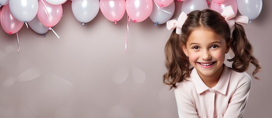 Cheerful girl with bunny ears and pink balloons posing for a close up portrait at a birthday party The gray background sets the Easter holiday mood with a happy birthday banner and copy space image f
