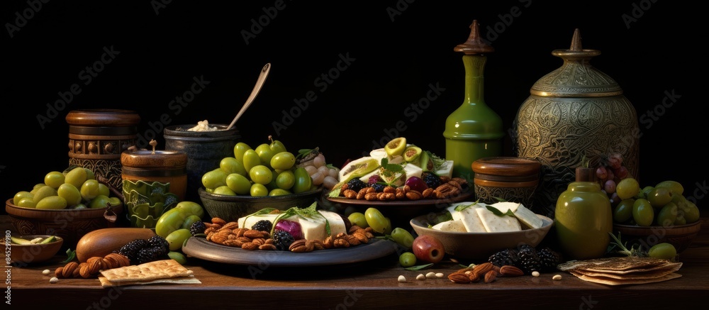 Poster An iftar table displaying a variety of traditional items including dates pita bread and green olives with ample space for copying a photograph