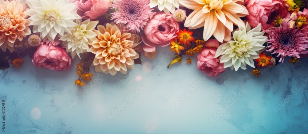 Poster a captivating top view flat lay image of artificial flowers on a bright background with copy space t