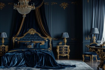 /imagine A luxurious bedroom with a king-sized bed draped in rich, dark blue velvet, gold accents on the furniture, and an ornate chandelier hanging .