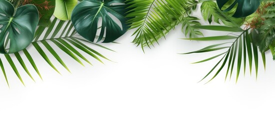 Fototapeta premium An exotic composition featuring a creative arrangement of vibrant tropical leaves on a white backdrop The minimal summer concept offers ample copy space for additional elements