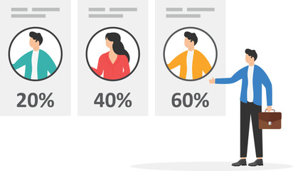 male employee adds data on election results or exit polls to website. Monitor screen with candidate data and results after voting. Technology of internet vote. Flat vector illustration

