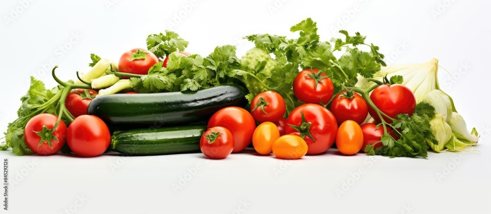 Poster Copy space image featuring fresh tomatoes and cucumbers of vibrant colors showcased on a pristine white background providing a perfect spot for accompanying text