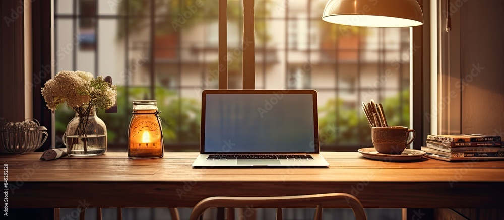 Poster home office with a cozy working environment featuring a wooden table and a modern laptop resting on 