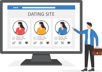 Male character looking for new acquaintances on dating site. Profiles of different women on web page. Handsome man thinking about beautiful women. Online dating service. Flat vector illustration

