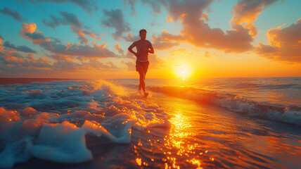 Man Running on the Beach During Sunset with Waves and Clouds in the Background