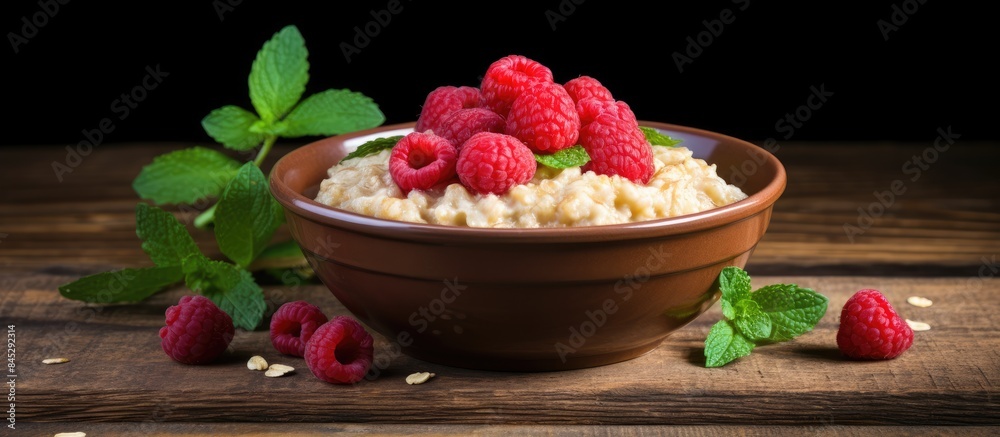 Poster a healthy vegetarian dish of oatmeal topped with fresh raspberries and garnished with mint leaves pr