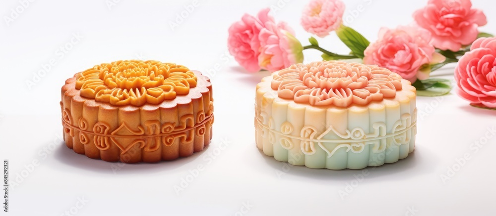 Poster a vibrant mooncake adorned with colorful flowers a traditional chinese treat is showcased on a white