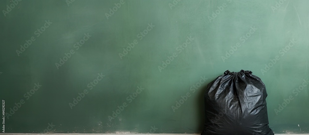 Aufkleber A black garbage bag sits against a green cement wall with a gray bare mortar floor The image provides copy space for adding text The concept highlights the importance of disposing of garbage correctl