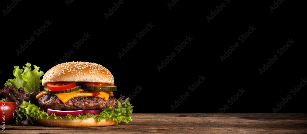 Poster A juicy burger sits atop a rustic wooden table with a blank black chalkboard serving as the backdrop creating ample copy space for creative expression