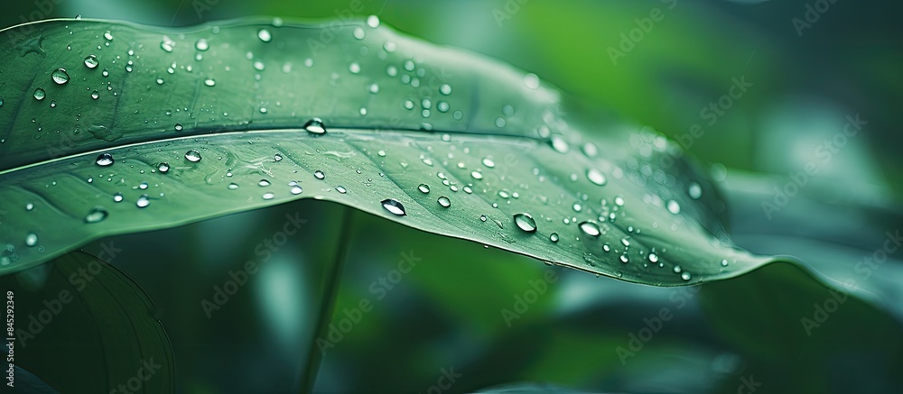Aufkleber a vintage toned close up image of raindrops on a textured green leaf in a tropical nature setting cr