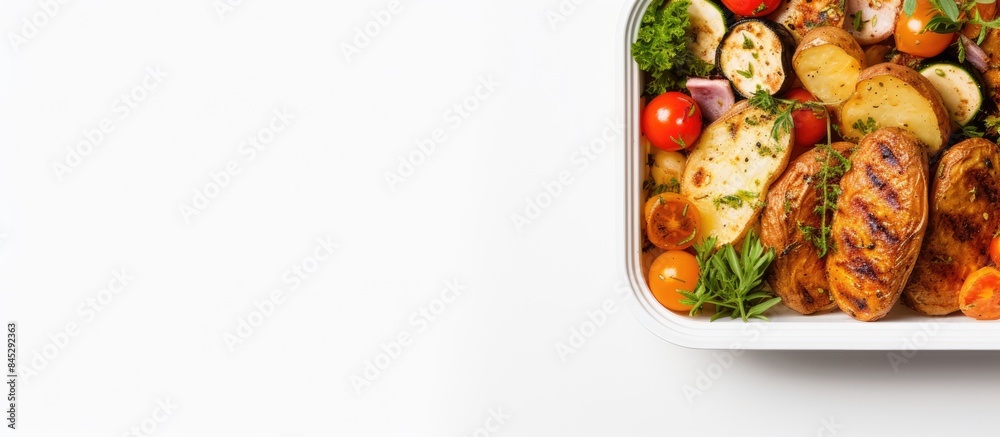 Poster Top view of a plastic container filled with delicious potatoes cutlets and vegetables on a light table Ample space is available for including text in the image