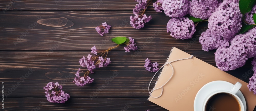 Aufkleber a top view image displaying a happy birthday concept with lilac flowers a notebook and a coffee cup 
