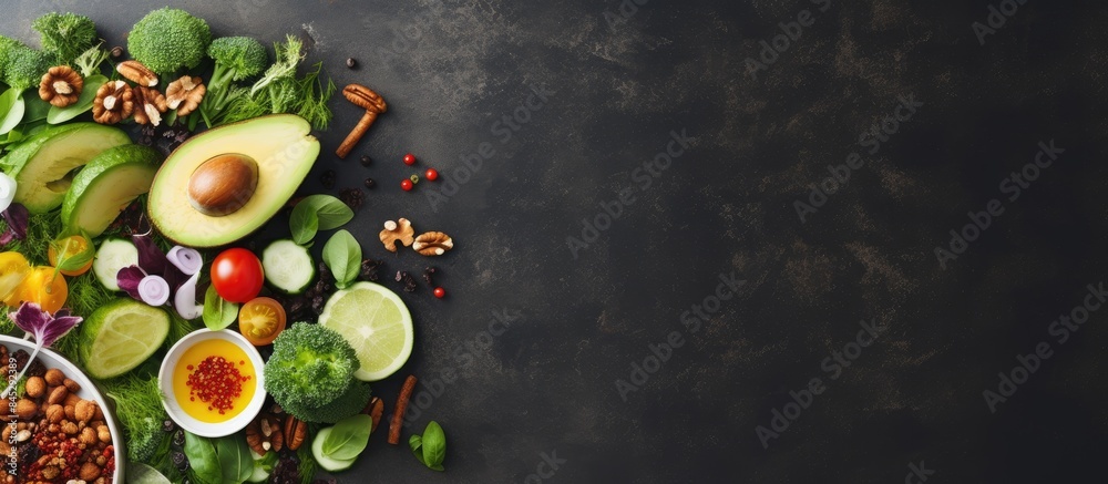 Poster the concept of healthy vegan food is depicted with fresh organic vegetables walnuts and a salad mix 