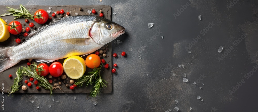 Poster a top view of a fresh raw dorado or sea bream fish on a light grey slate or stone background it is a