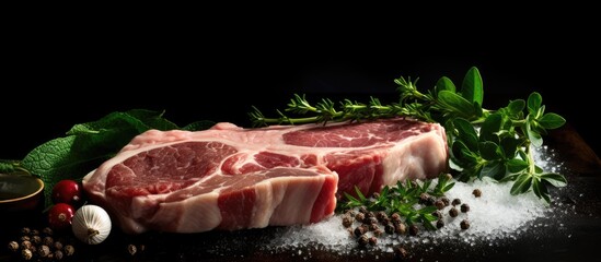 A food background showcasing fresh raw pork meat sprinkled with salt pepper and arugula There is ample space for adding text or other images