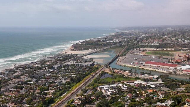 Del Mar Racetrack and Fairgrounds By The San Dieguito River In Summer In California, USA. - aerial shot