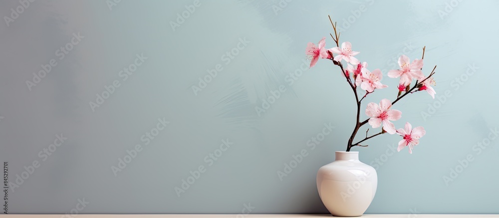 Aufkleber minimal floral pastel composition with a flower in a vase on a pastel wall background creating a bea