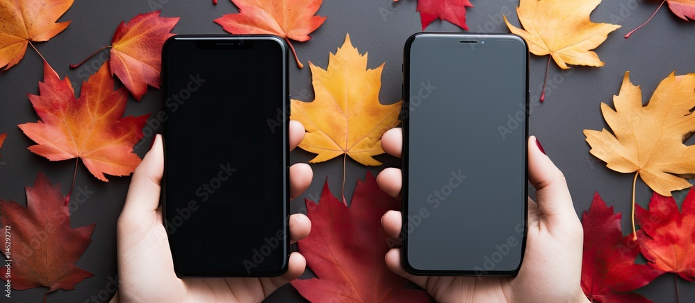 Poster flat lay autumn composition with copy space image featuring a phone held in hand against a backdrop 