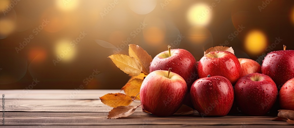 Poster autumn themed apples are placed on a wooden table against a blurred background with a bokeh effect c