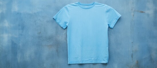 A light blue t shirt with no designs is displayed against a background with a distressed and worn out appearance creating a copy space image
