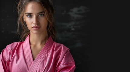 Woman in a pink martial arts uniform, posing for a photo
