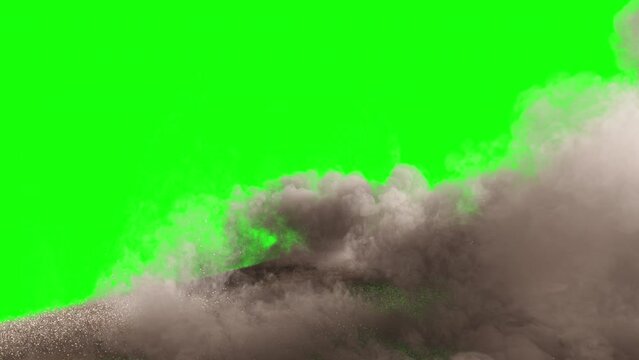 a wall of sand collapses on a green background. 3d animation of the collapse of a sand wall. sand wall side view. destruction of a sand wall