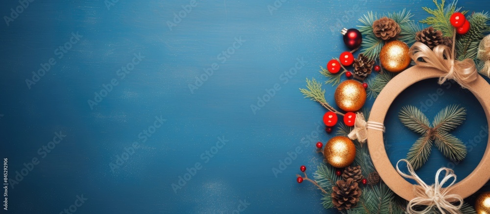 Poster a festive christmas wreath and gift box sit on a blue table surrounded by new year s decorations the