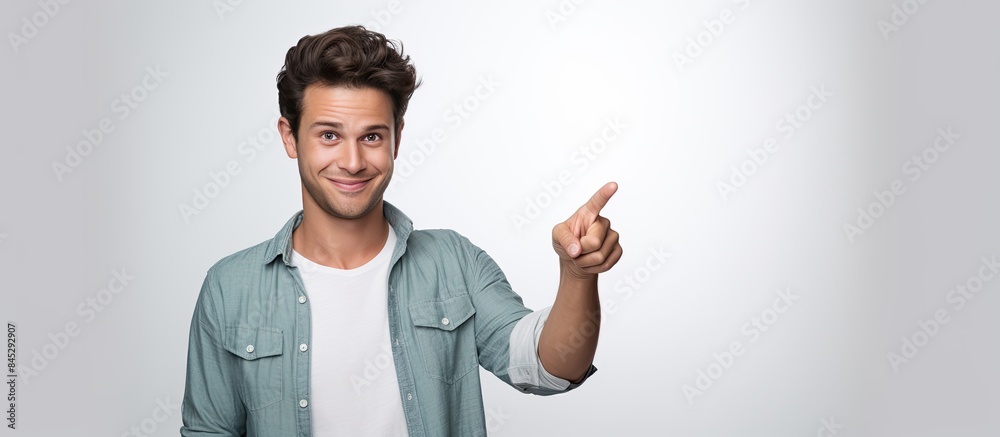 Wall mural Handsome young man in a shirt holding a copy space image of himself with an upset face pointing at it with a smile against a white background